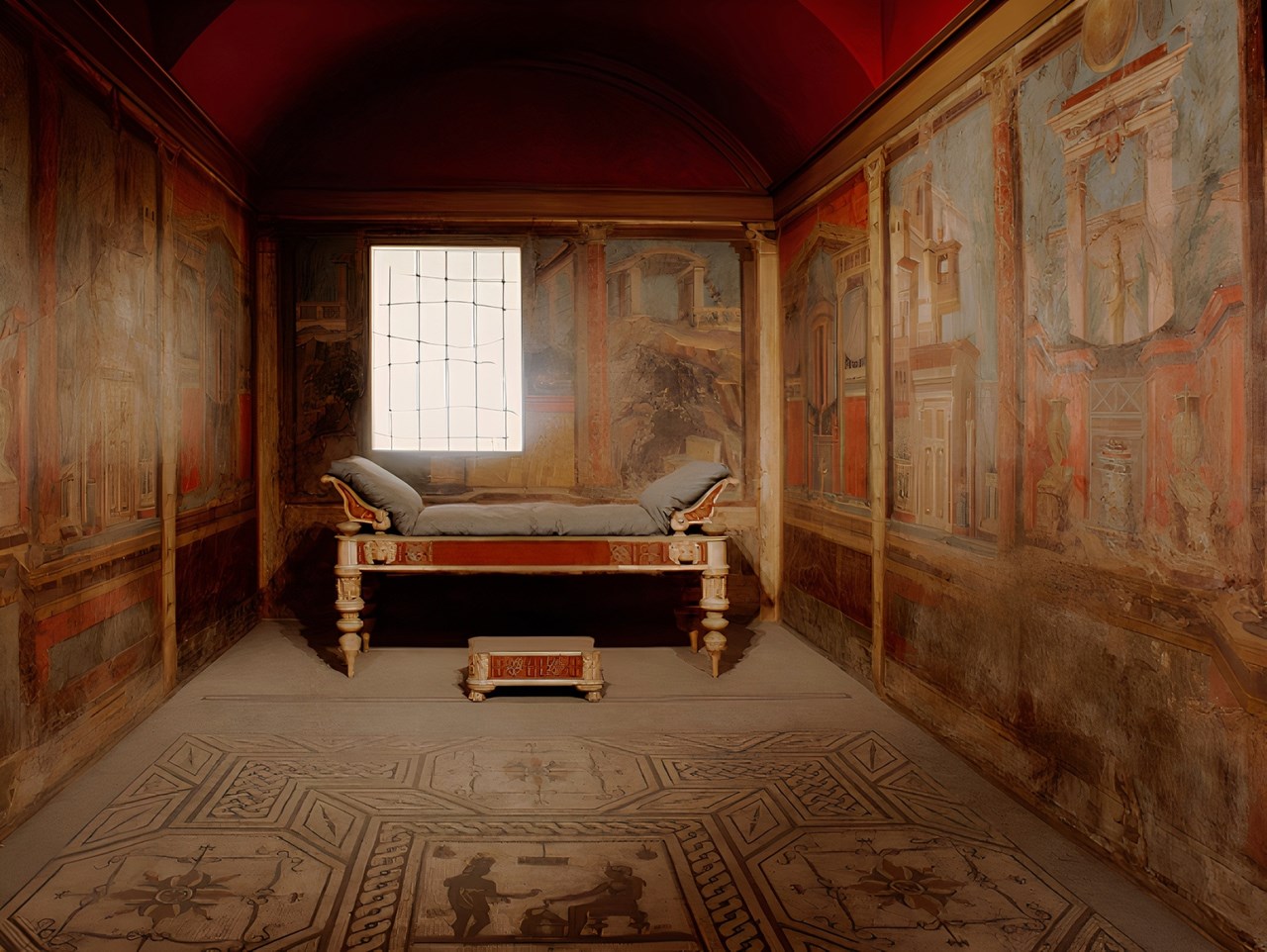 Room M of the Villa of P. Fannius Synistor at Boscoreale, buried by the eruption of Vesuvius in A.D. 79, functioned as a bedroom.  The rear wall shows rocky terrain with balustrades and an arbor above, a small cave or grotto sheltering a fountain, and a small figure of Hekate below. In the center of the wall, between two columns, a parapet embellished with a yellow monochrome landscape supports a glass bowl filled with fruit.  The side walls of the room are symmetrical. Each wall is subdivided into four sections by a pilaster that defines the area of the couch and by two ornate columns. The paintings depict enclosed courtyards in which we glimpse the tops of statuary, rotundas, and pylons as well as vegetation. These precincts alternate with townscapes combining colonnaded buildings and projecting terraces. https://www.metmuseum.org/art/collection/search/247017