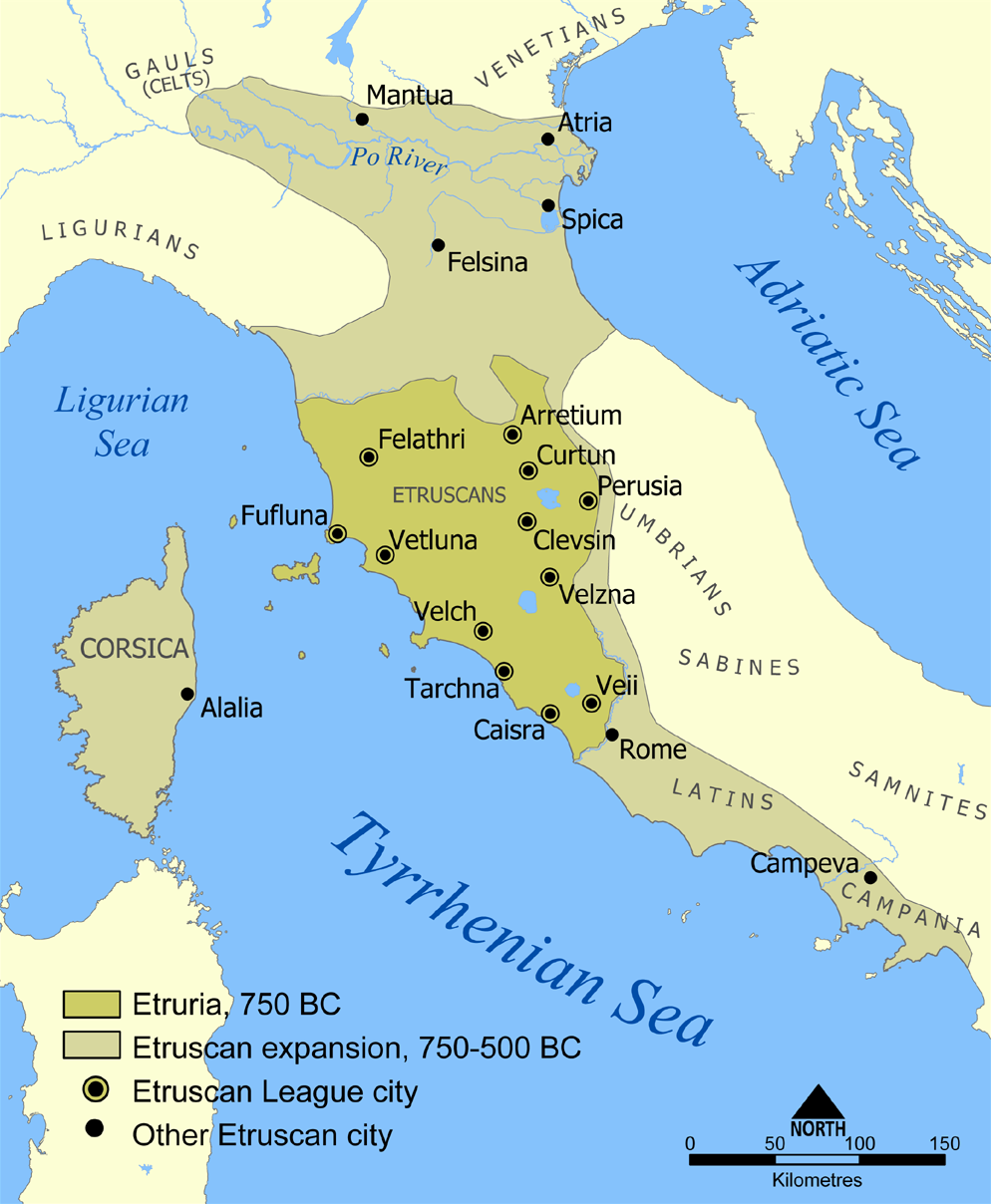 A map showing the extent of Etruria and the Etruscan civilization. The map includes the 12 cities of the Etruscan League and notable cities founded by the Etruscans. The dates on the map are an approximation. https://en.wikipedia.org/wiki/Etruria#/media/File:Etruscan_civilization_map.png