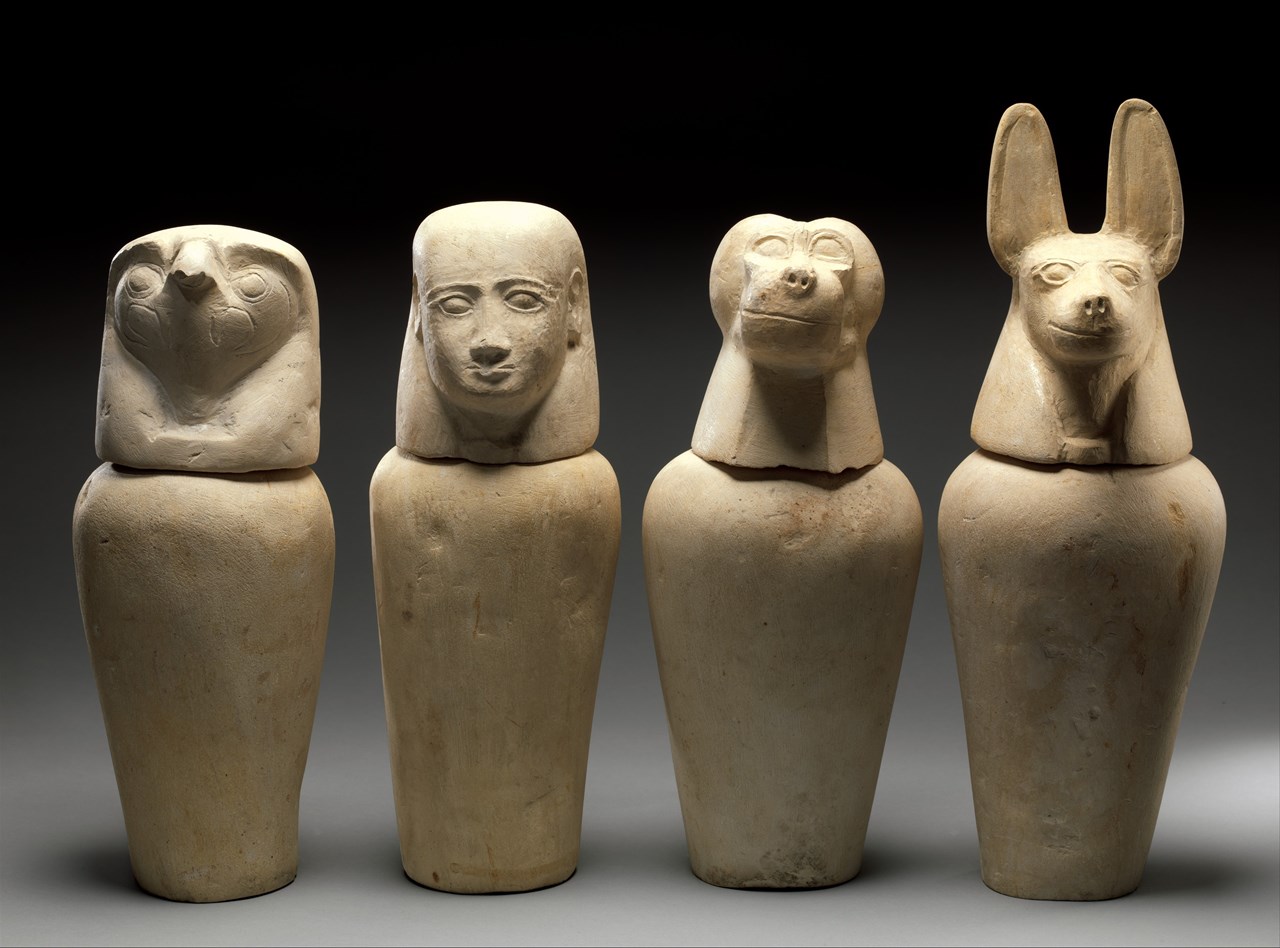 A set of four canopic jars was an important element of the burial in most periods of Ancient Egyptian history. https://www.metmuseum.org/art/collection/search/559935