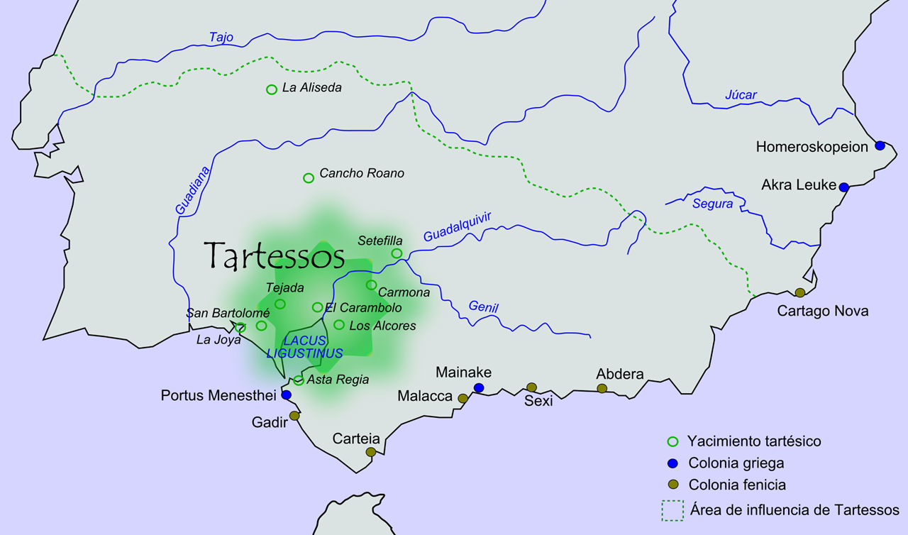 A map of Tartessos, showing its sphere of influence, as well as Greek and Phoenician colonies in southern Spain. https://www.worldhistory.org/image/177/map-of-tartessos-with-phoenician-and-greek-colonie/