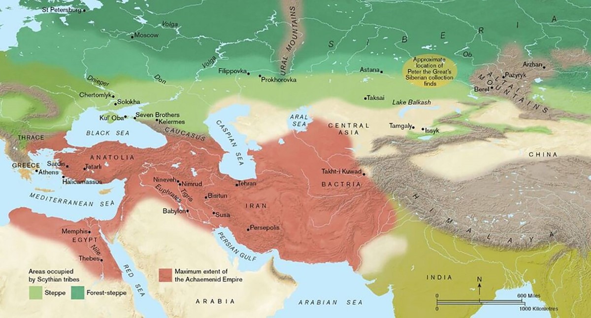 Map of Eurasia, showing the extent of the Achaemenid empire (in red) and the Eurasian steppe and mixed woodland largely occupied by the Scythians (in green) (P. Goodhead).