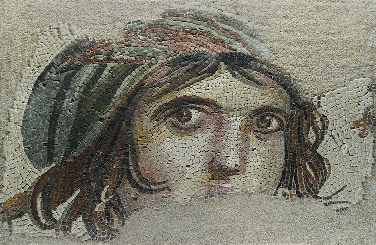 Gypsy woman mosaic dining hall Roman villa.