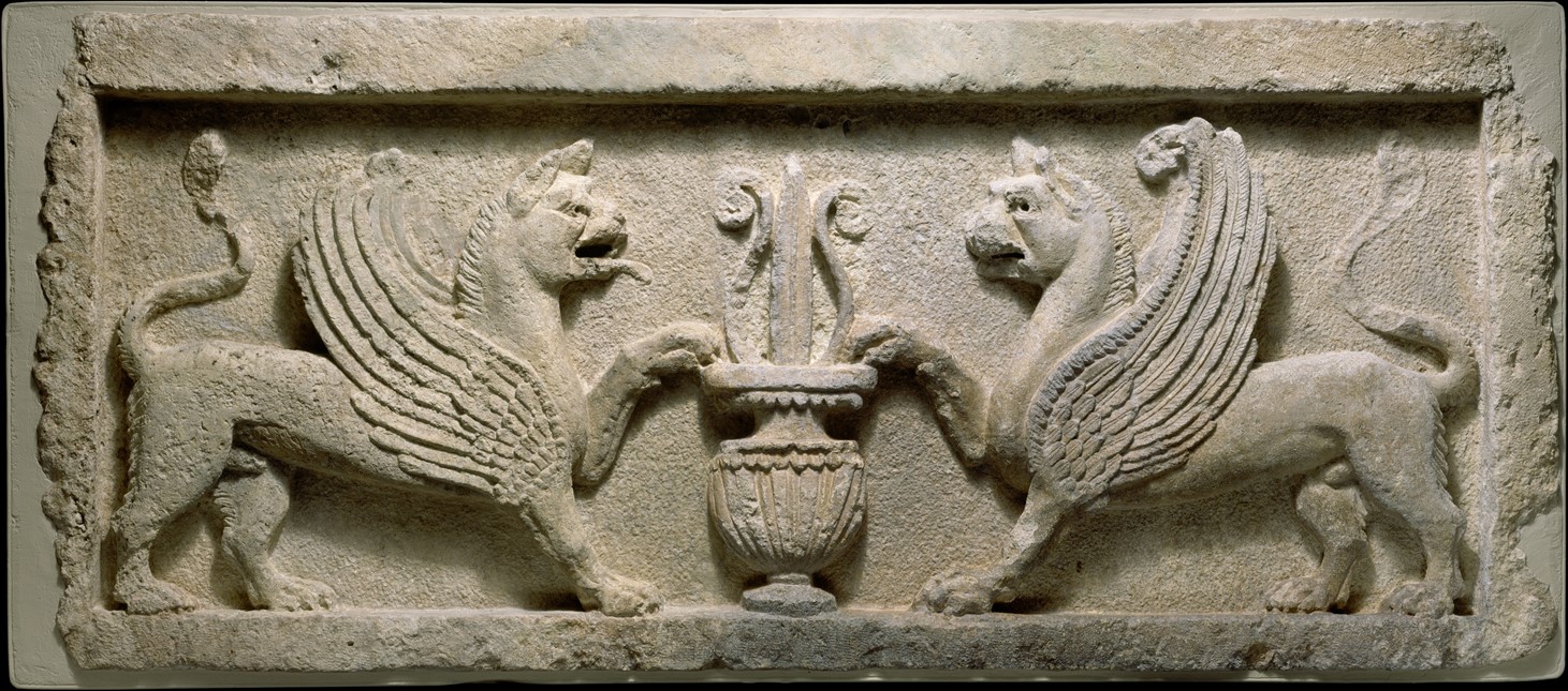 Door lintel with lion-griffins and vase with lotus leaf ca. 2nd–early 3rd century A.D. Parthian