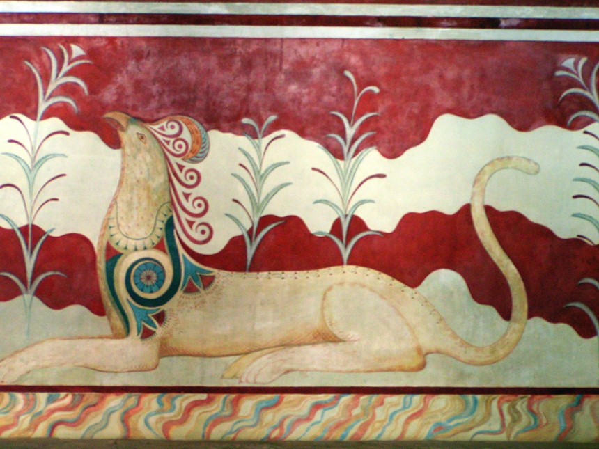 Restored griffin fresco in the "Throne Room", Palace of Knossos, Crete, original from Bronze Age