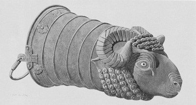 Bronze situla with ram’s head, from Gordion. Watercolor by Piet de Jong.