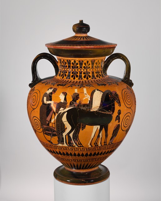 Terracotta neck-amphora (jar) with lid and knob (27.16),ca. 540 B.C. Attributed to Exekias - The Metropolitan Museum of Art