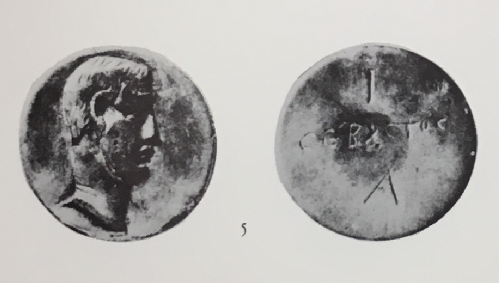 Tesserae, bone gaming piece showing and naming Augustus.