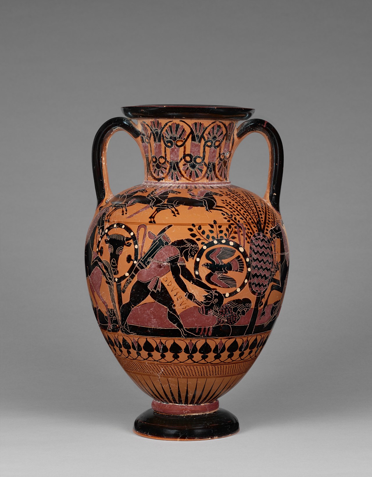 Chalcidian Black-Figure Neck Amphora, about 540 BC. Attributed to the Inscription Painter (Greek, active 570 - 530 B.C.) https://www.getty.edu/art/collection/object/103WJ9