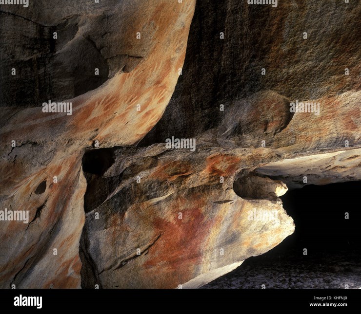 Stencilled Aboriginal art believed to be from the Bidjara people, Kenniff Cave, Mount Moffatt section, Carnarvon National Park, Queensland, Australia