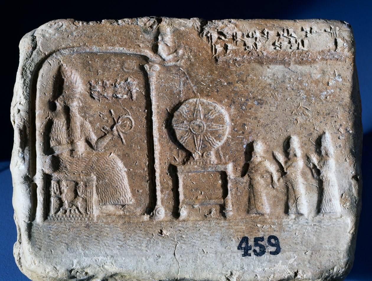 Votive tablet depicting Shamash, the sun-god of Sippar, seated in his shrine with the Babylonian king Nebopaliddin being led into the God's presence by two figures. Babylonian art, 9th century BC. https://www.meisterdrucke.it/stampe-d-arte/Babylonian/1109184/Tavoletta-votiva-raffigurante-Shamash,-il-dio-del-sole-di-Sippar,-seduto-nel-suo-santuario-con-il-re-babilonese-Nebopaliddin-condotto-alla-presenza-del-Dio-da-due-figure.-Arte-babilonese,-IX-secolo-a.C..html